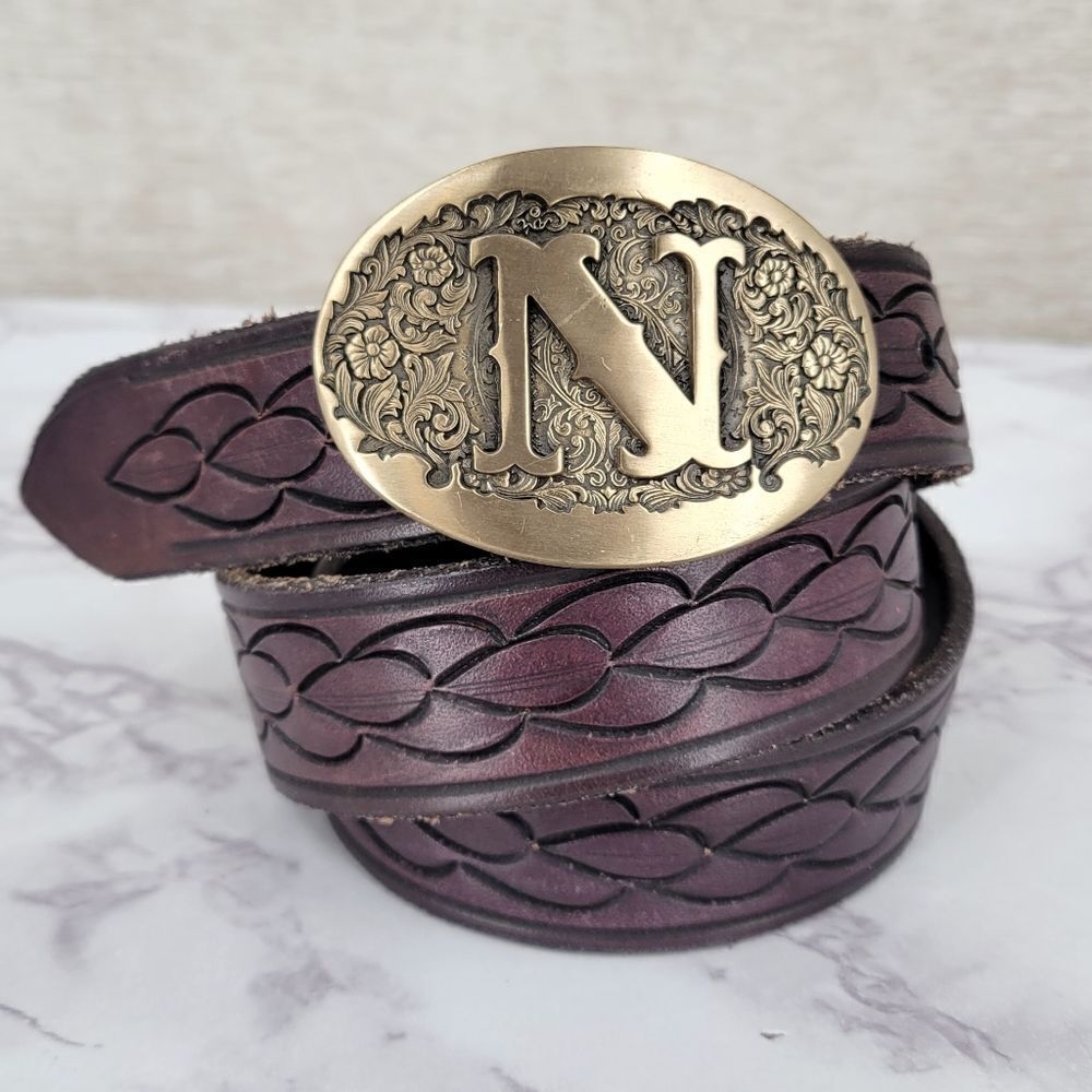 Award Design Medals N Brass Toned Buckle and Tooled Leather Belt